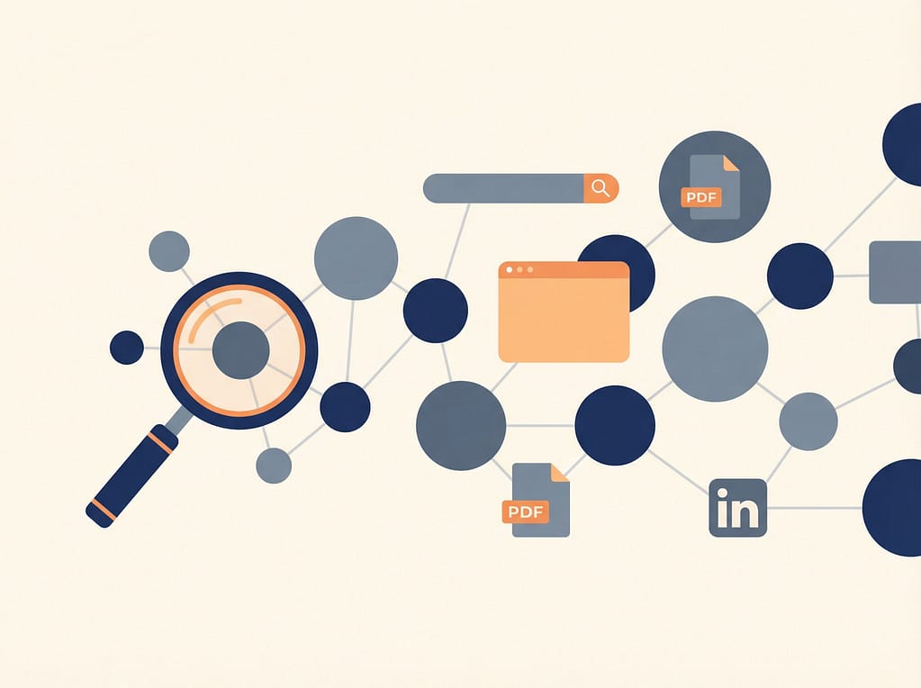 Abstract illustration of OSINT for GTM leaders showing magnifying glass analysing interconnected digital business intelligence sources