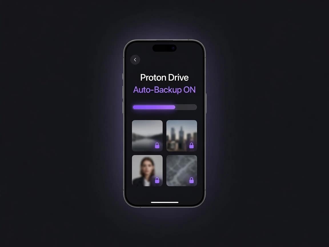 Proton Drive iOS Auto-Backup Interface The Proton Drive iOS app interface showing the automatic photo backup feature actively encrypting and syncing images.