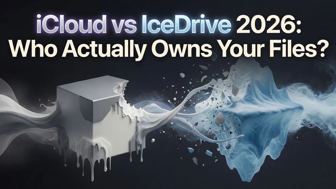 iCloud Vs IceDrive 2026: Who Actually Owns Your Files? iCloud Vs IceDrive 2026 comparison header showing a melting matte grey cube with a bitten corner on the left connected by flowing streams containing frozen fragments to a natural arctic iceberg on the right, symbolising data migration and file ownership.