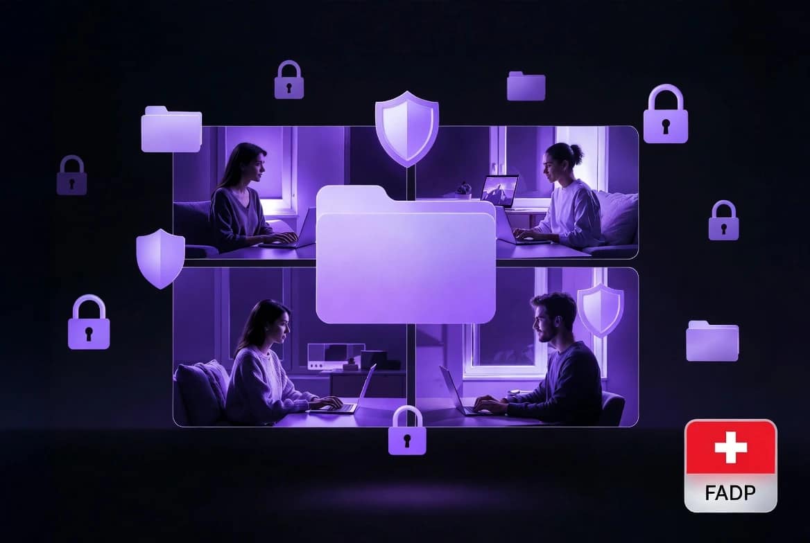 Proton Drive Pricing Plans 2026 - Every Plan Explained 4 Remote team using Proton Drive Professional with Swiss FADP cloud data protection badge