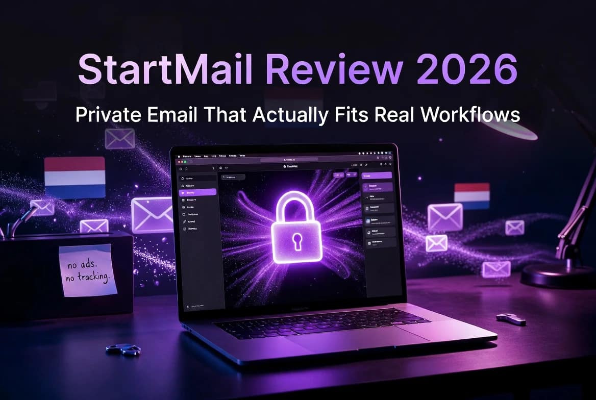 StartMail review 2026 — private encrypted email setup on a laptop with a padlock and Dutch flag symbolising EU GDPR hosting