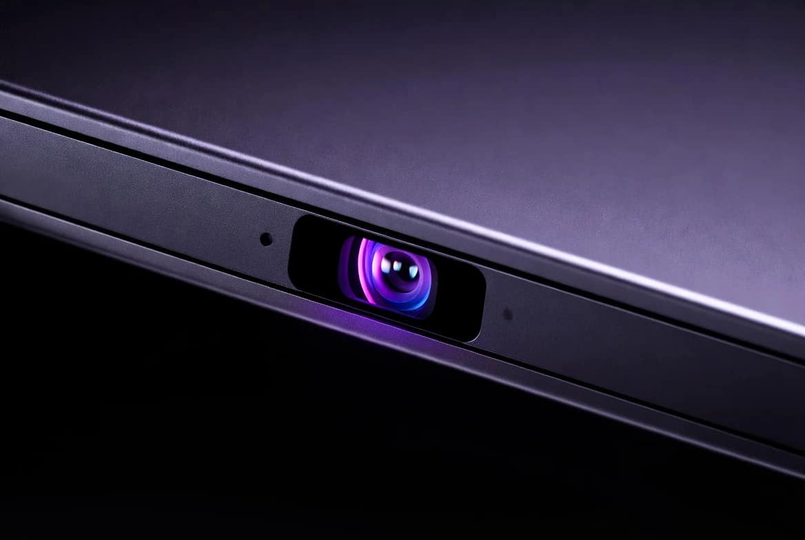 Google reCAPTCHA Camera Access Privacy Concerns A glowing webcam lens on a laptop illustrating google recaptcha camera access privacy concerns in a dark room.