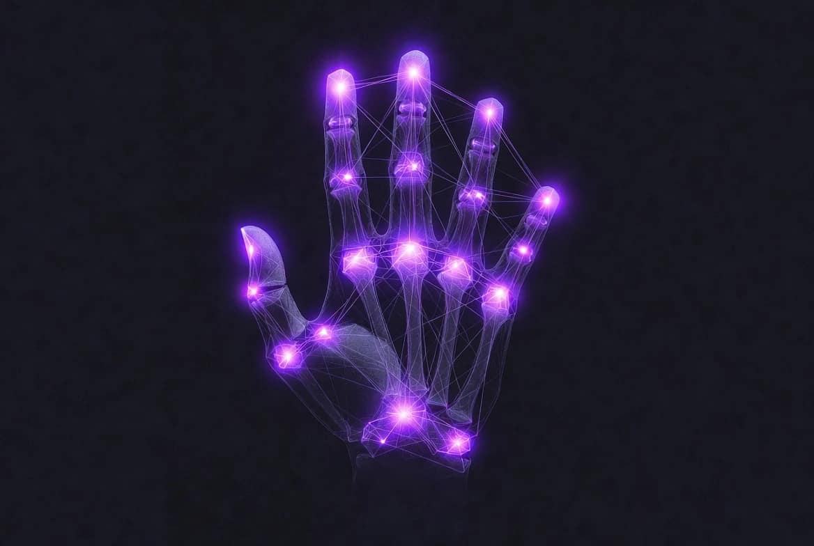 Google reCAPTCHA Camera Monitoring Liveness Detection Abstract visualization of 21 hand-knuckle coordinates used in google recaptcha camera monitoring for liveness detection.