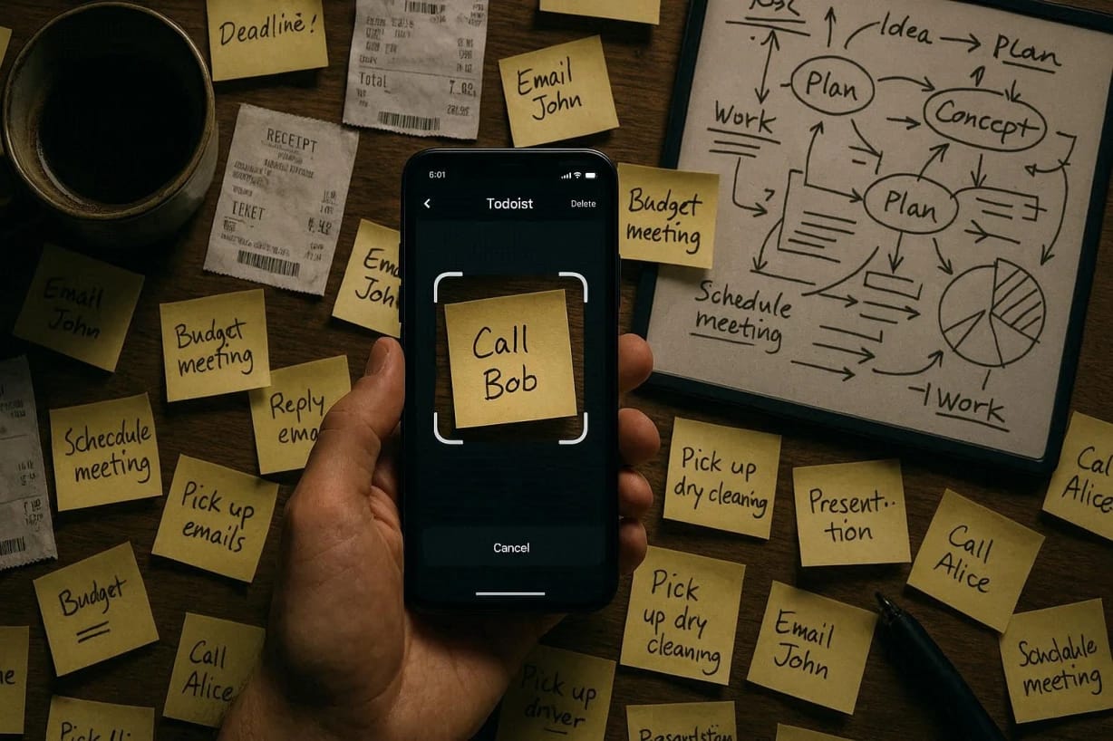 Todoist Image to Task Review: Ending the ADHD Doom Pile in 2026 1 A messy desk covered in sticky notes and papers (a "Doom Pile") with a smartphone running the Todoist Image To task app scanning the chaos.