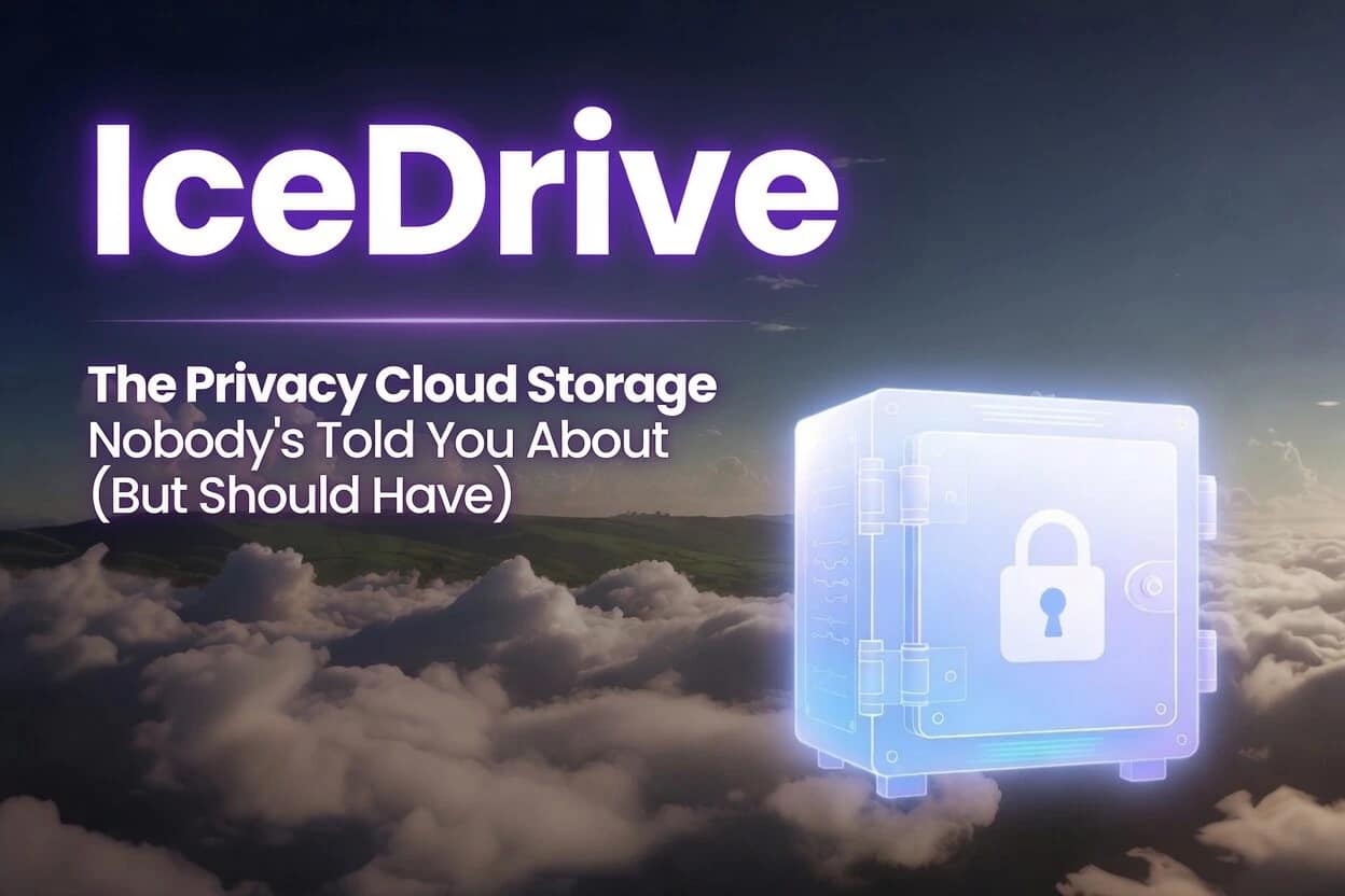 IceDrive review 2026 showing zero-knowledge encrypted vault floating in cloud storage infrastructure