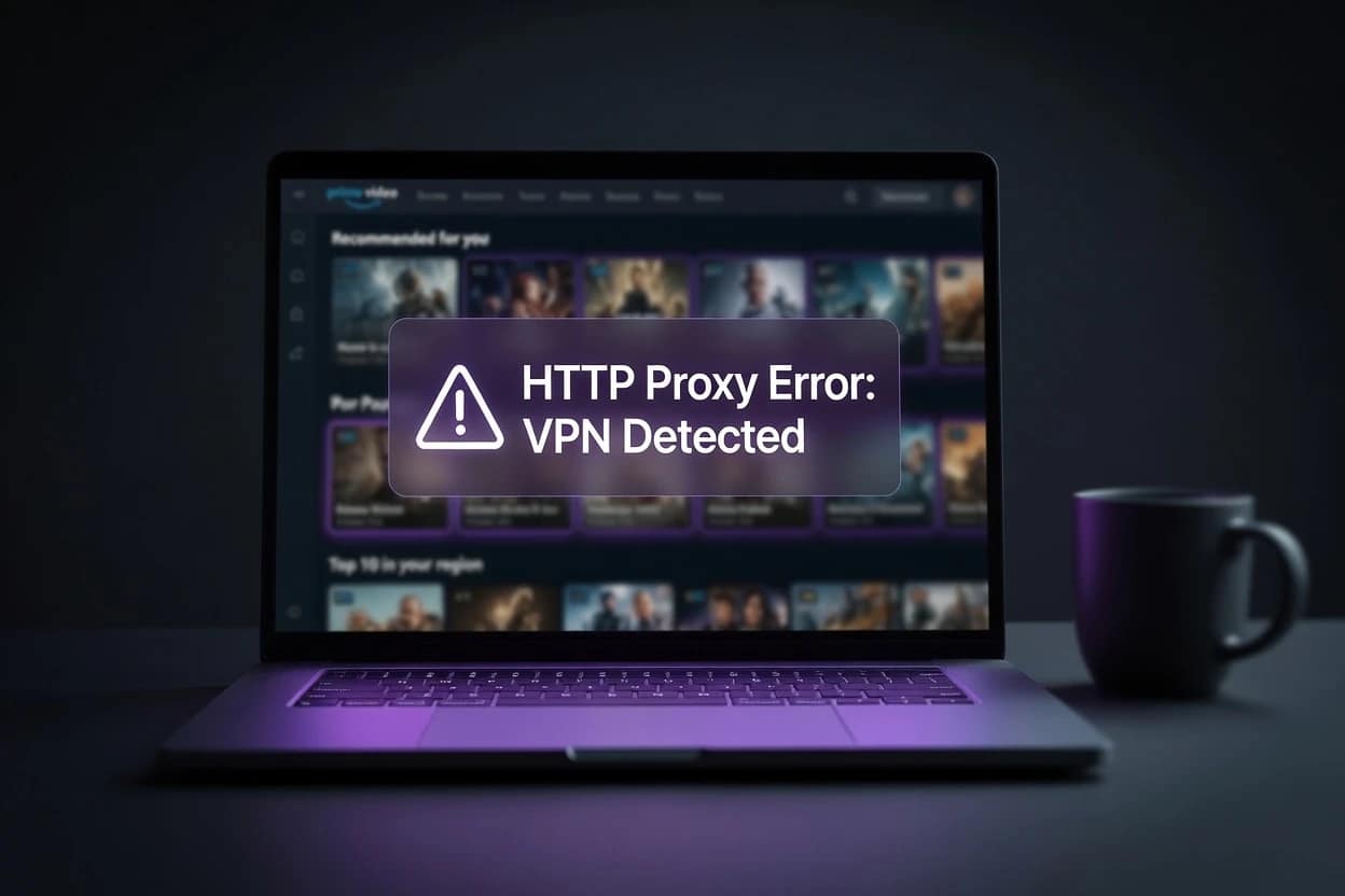 Laptop screen displaying an Amazon Prime Video VPN blocked error message on a dark desk.