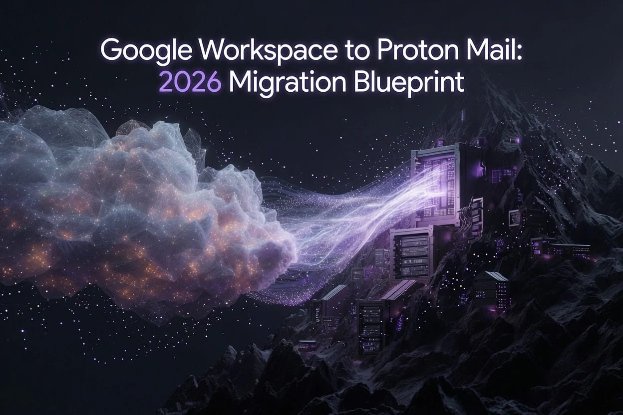 Google Workspace to Proton Mail 2026 Migration Abstract conceptual illustration representing a secure Google Workspace to Proton Mail corporate data migration from a public cloud to a private Swiss server.