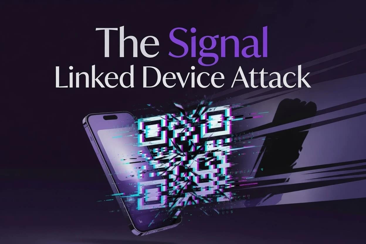 Signal Linked Device Attack QR Phishing A visual representation of a Signal linked device attack showing a malicious QR code overriding a secure chat interface.