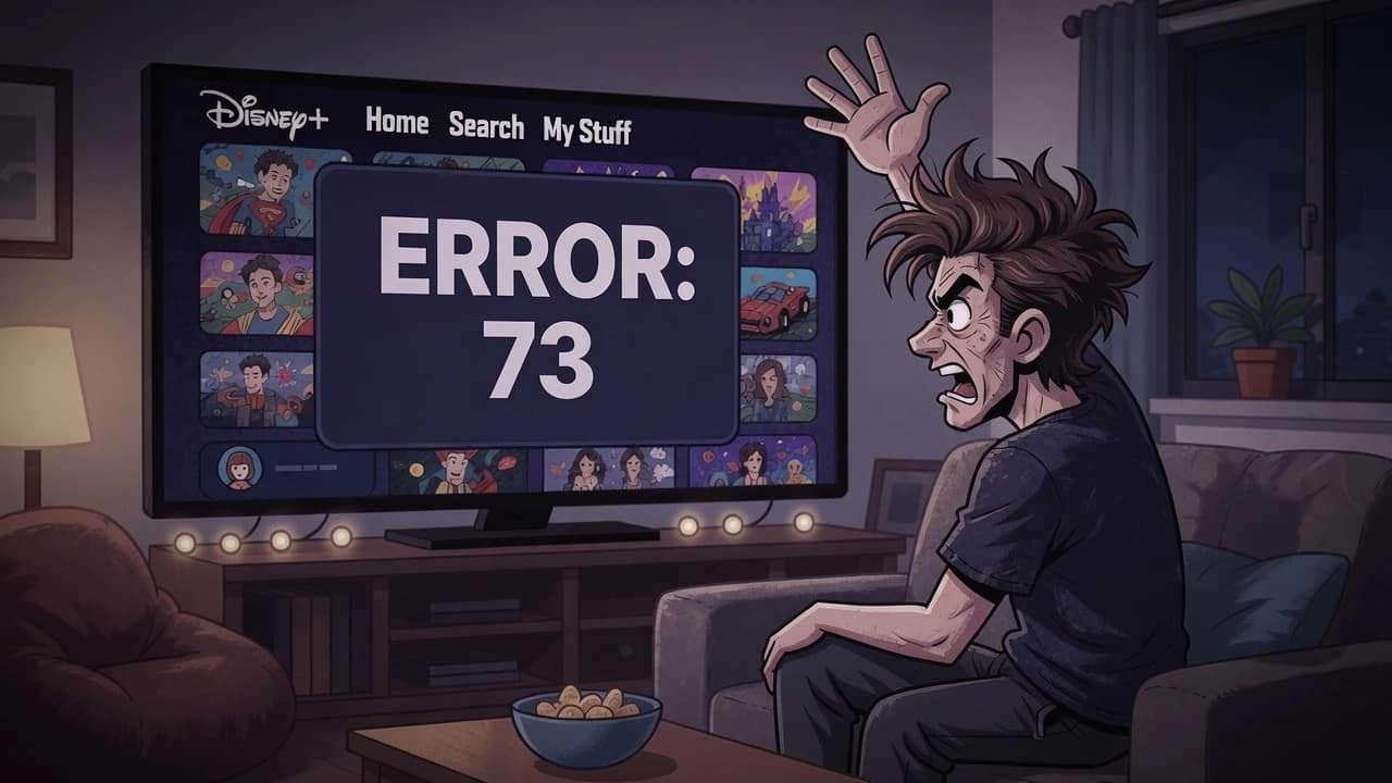 Person frustrated by Disney Plus Error 73 VPN block on streaming device in 2026