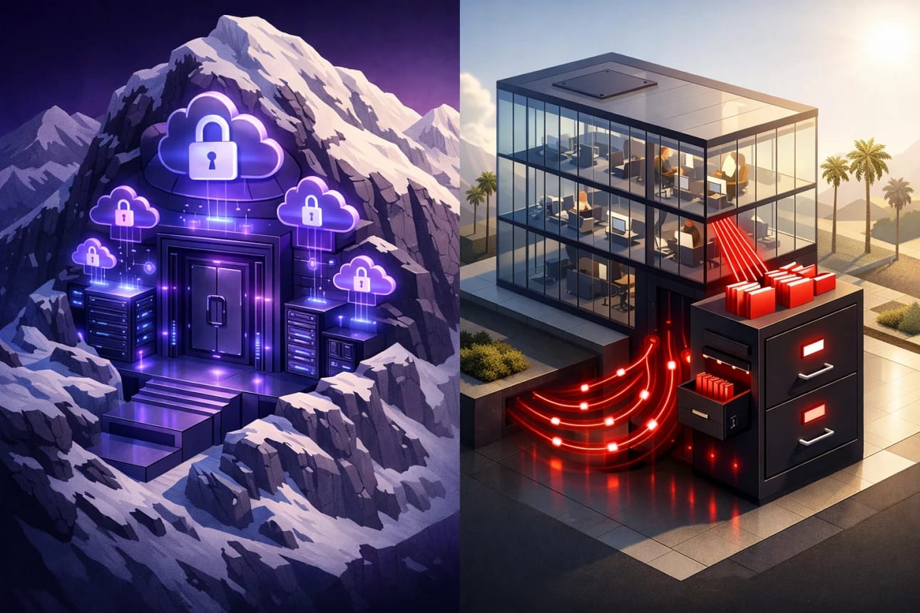 ProtonMail vs iCloud Mail Privacy: 1 Warning. Time to move? 3 A conceptual illustration comparing secure Swiss data privacy laws protecting ProtonMail servers against US surveillance jurisdiction affecting iCloud Mail.