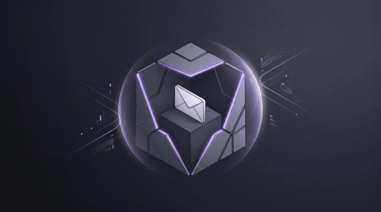 Secure Email Ecosystem Protection A glowing digital vault protecting an email inbox from external phishing and tracking attempts, representing encrypted email alternatives.