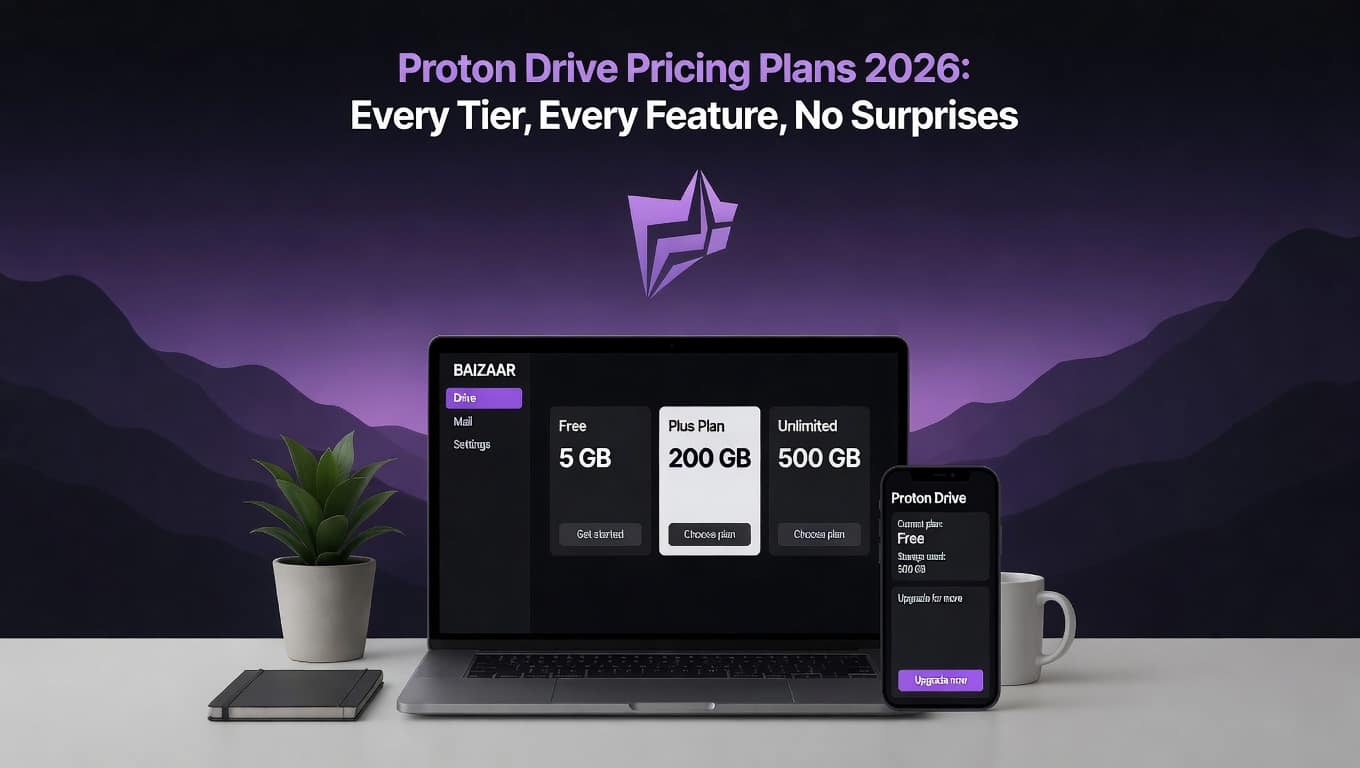 Proton Drive Pricing Plans 2026 - Every Plan Explained 1 Proton Drive pricing plans 2026 shown on laptop and phone with Swiss privacy backdrop