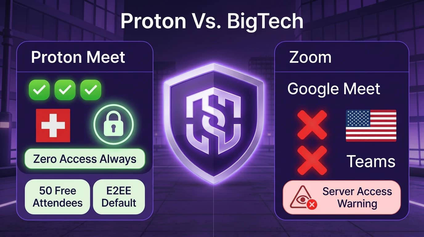 Encrypted Video Conferencing in 2026: Why Proton Meet Wins 3 Encrypted video conferencing comparison: Proton Meet vs Zoom end-to-end encryption advantages 2026