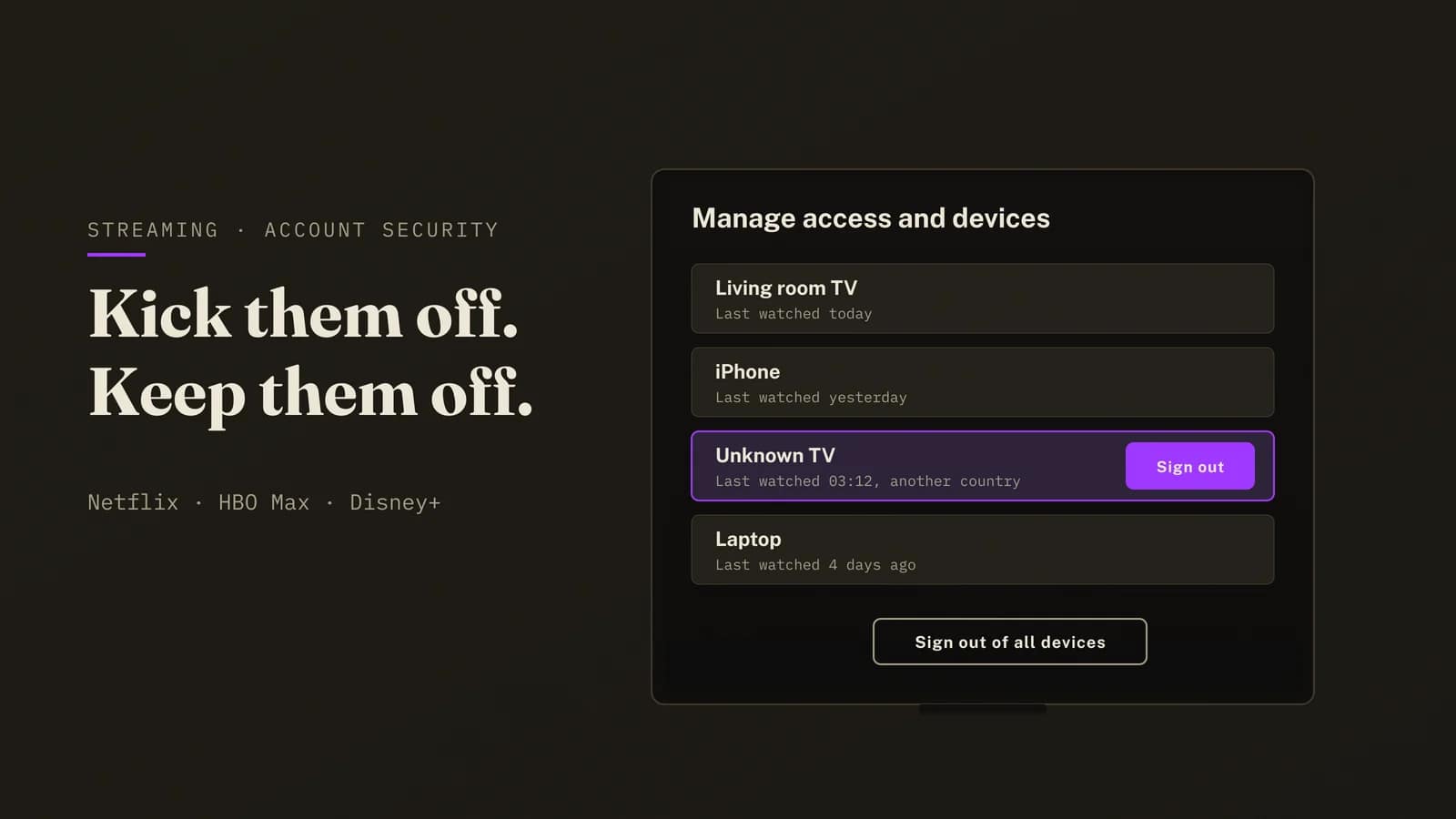 Kick someone off Netflix and HBO Max: a television showing a list of signed-in devices with an unknown TV in another country highlighted next to a Sign out button