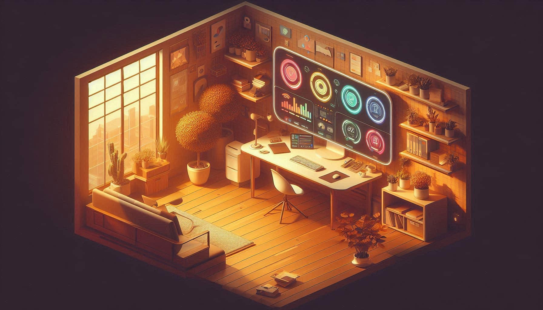 Futuristic organized digital workspace monitor displaying a unified 5-pillar ADHD systems productivity dashboard with sections for Todoist, Sanebox, Proton, and Analyze AI, set in a cozy home office.