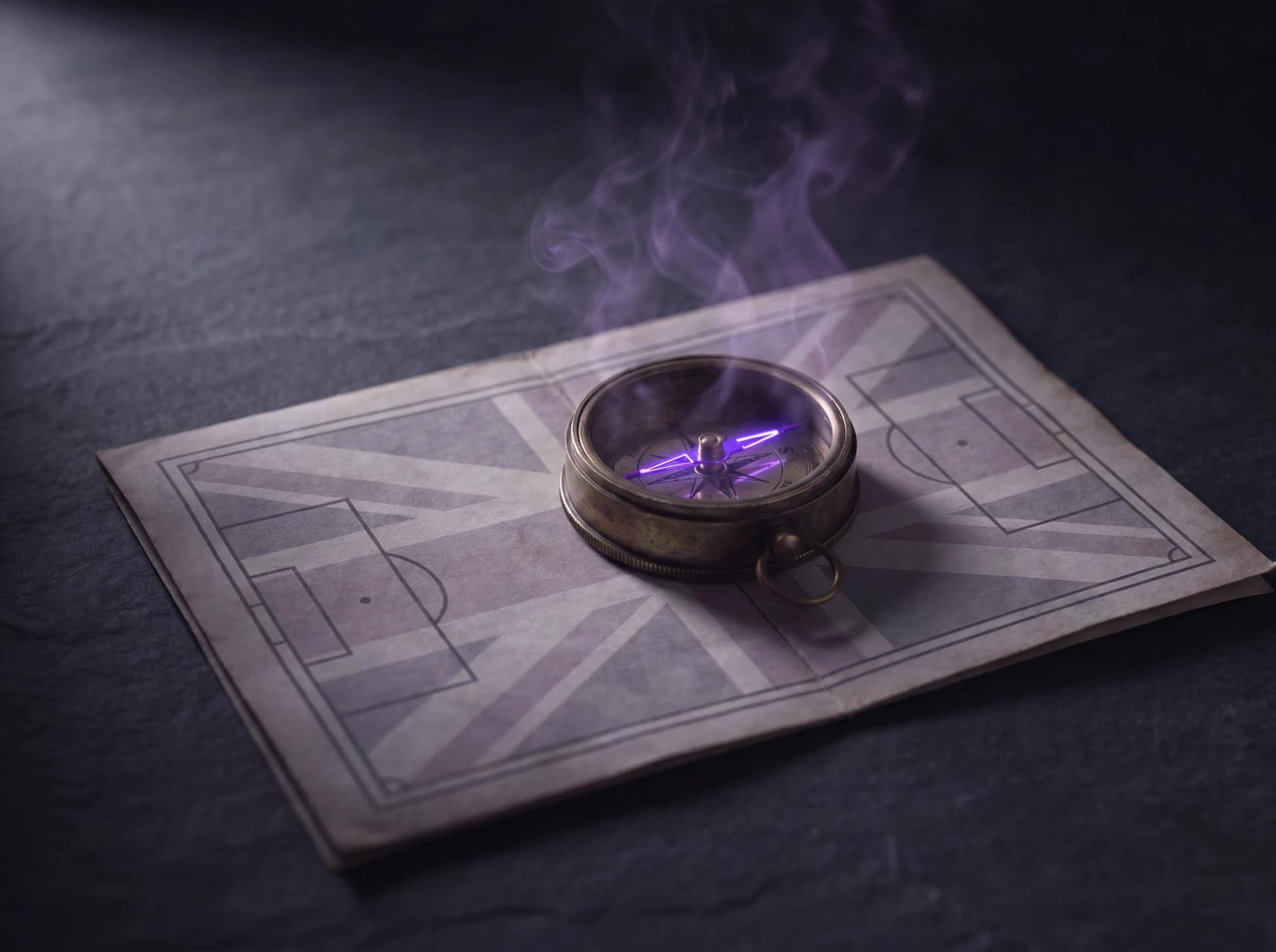Compass Signal representing VPN location change Vintage compass with a glowing violet needle resting on a football pitch map, representing how a VPN changes apparent location for BBC iPlayer
