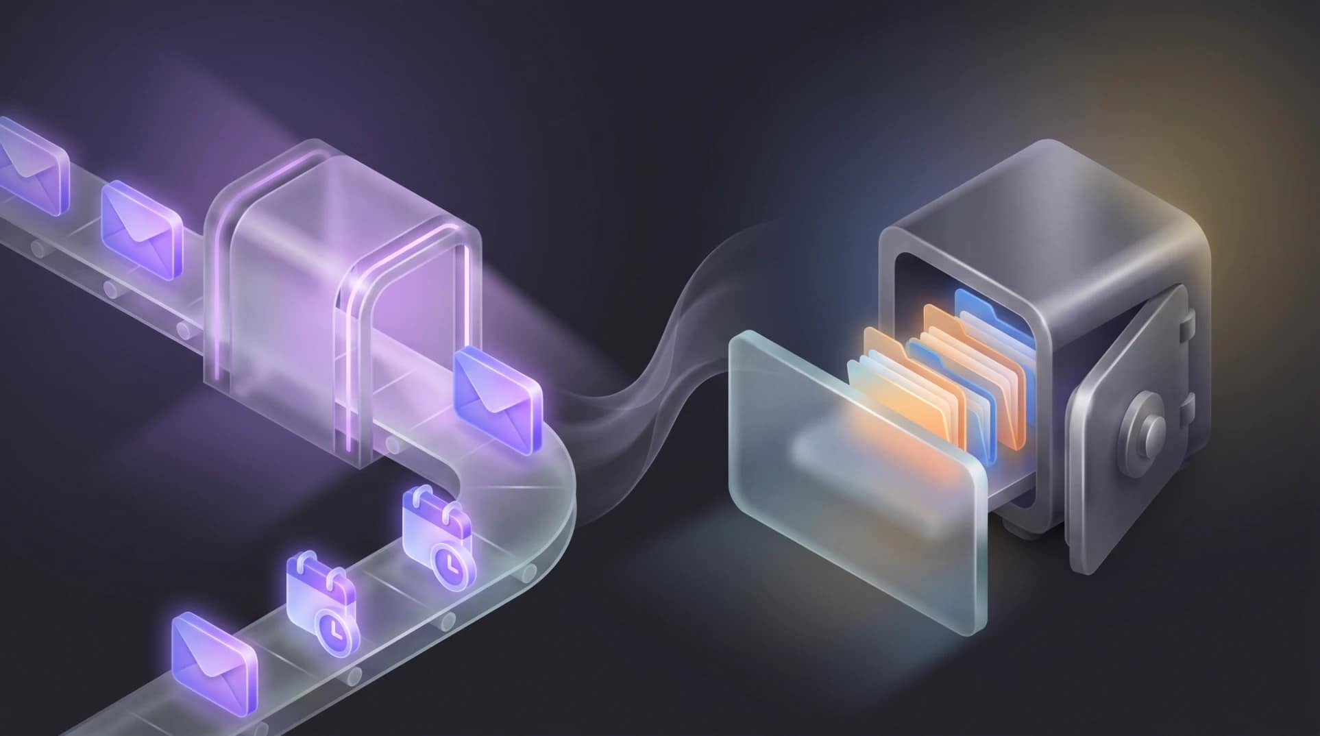 File Storage Constraints When You Migrate Gmail Business to Proton Metaphorical 2.5D illustration showing automated email routing separating from heavy digital files that require a manual transfer when you migrate Gmail business to Proton.