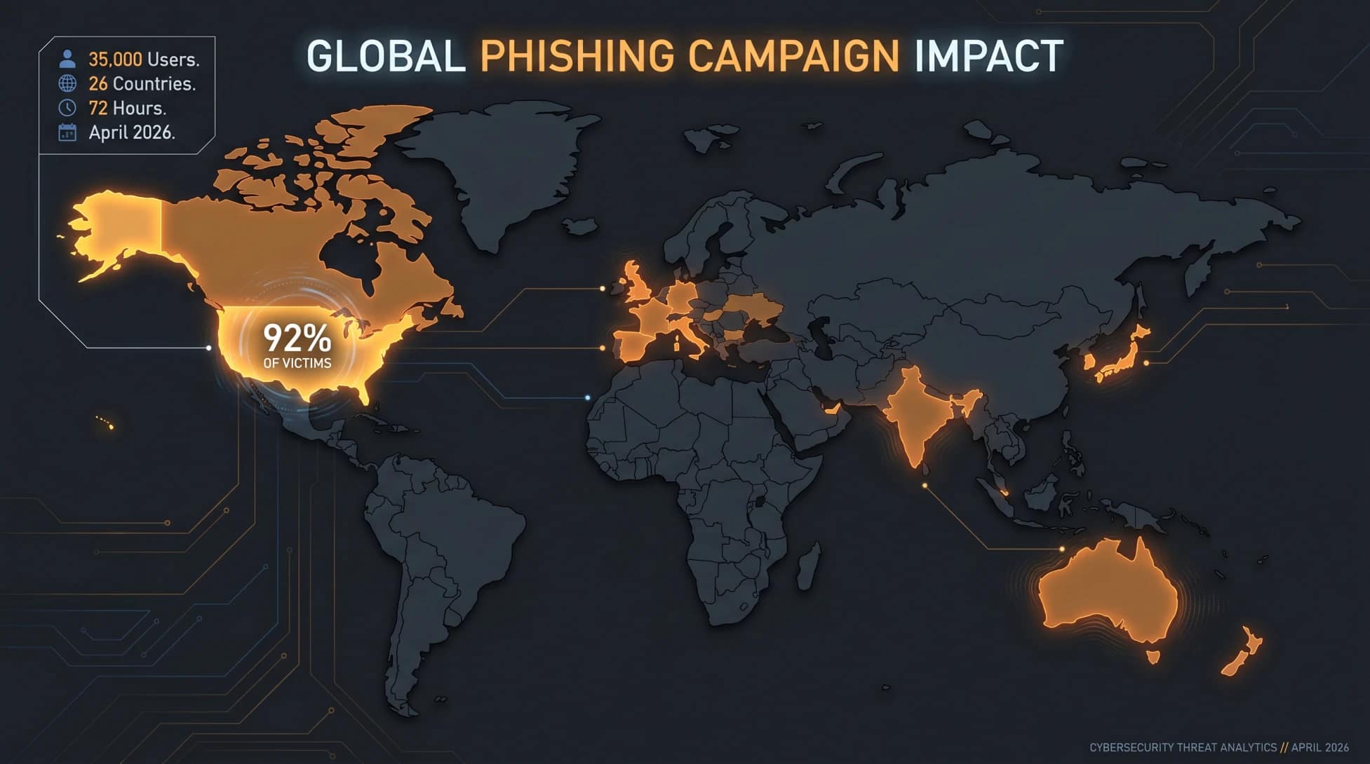 OneDrive Phishing Risk 2026: Terrifying Microsoft OAuth Flaw 4 World map showing the 26 countries targeted in the OneDrive phishing risk 2026 Microsoft campaign - 35,000 users, April 2026