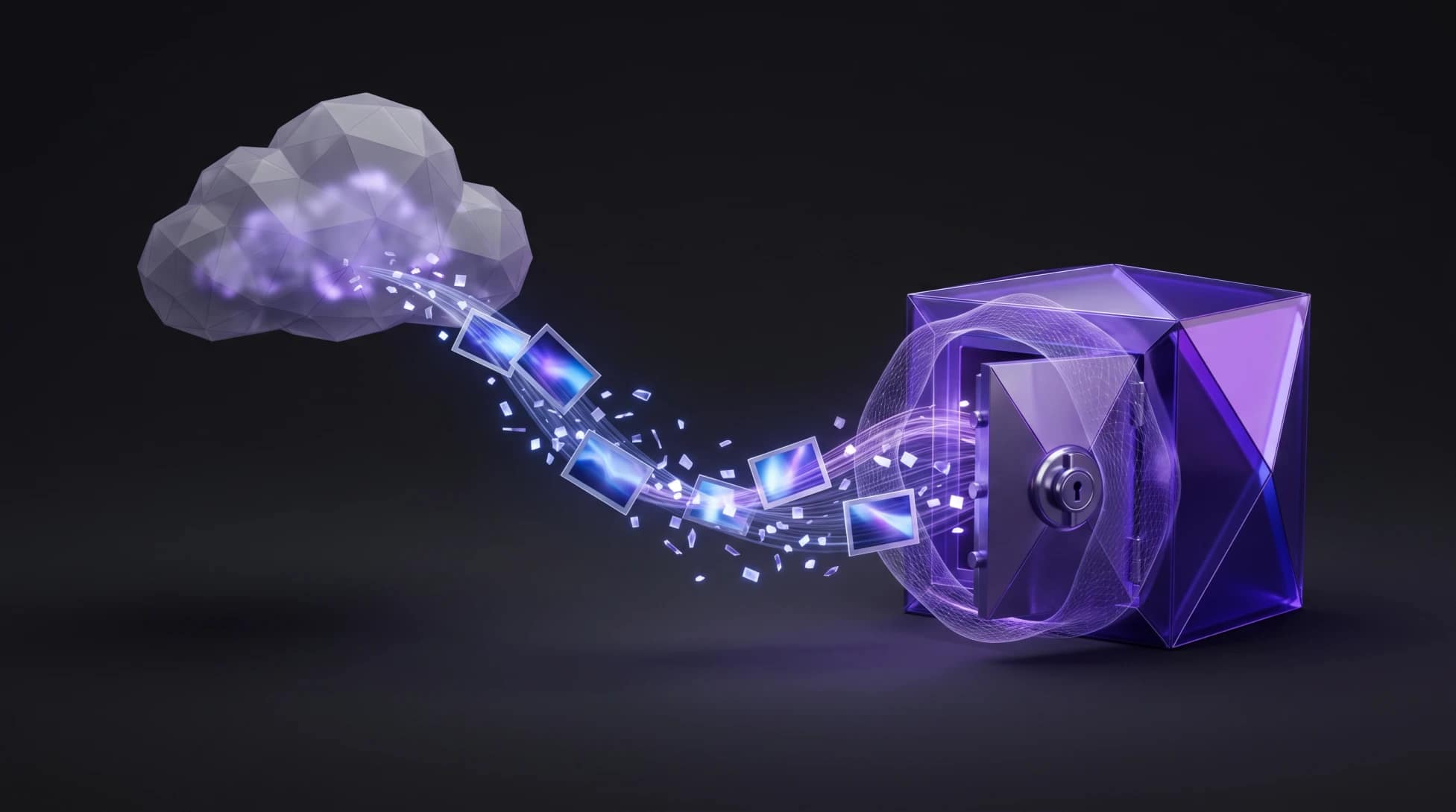 Secure iOS Photo Migration to Proton Drive 3D conceptual render of digital photos securely migrating into a zero-knowledge encrypted storage vault.