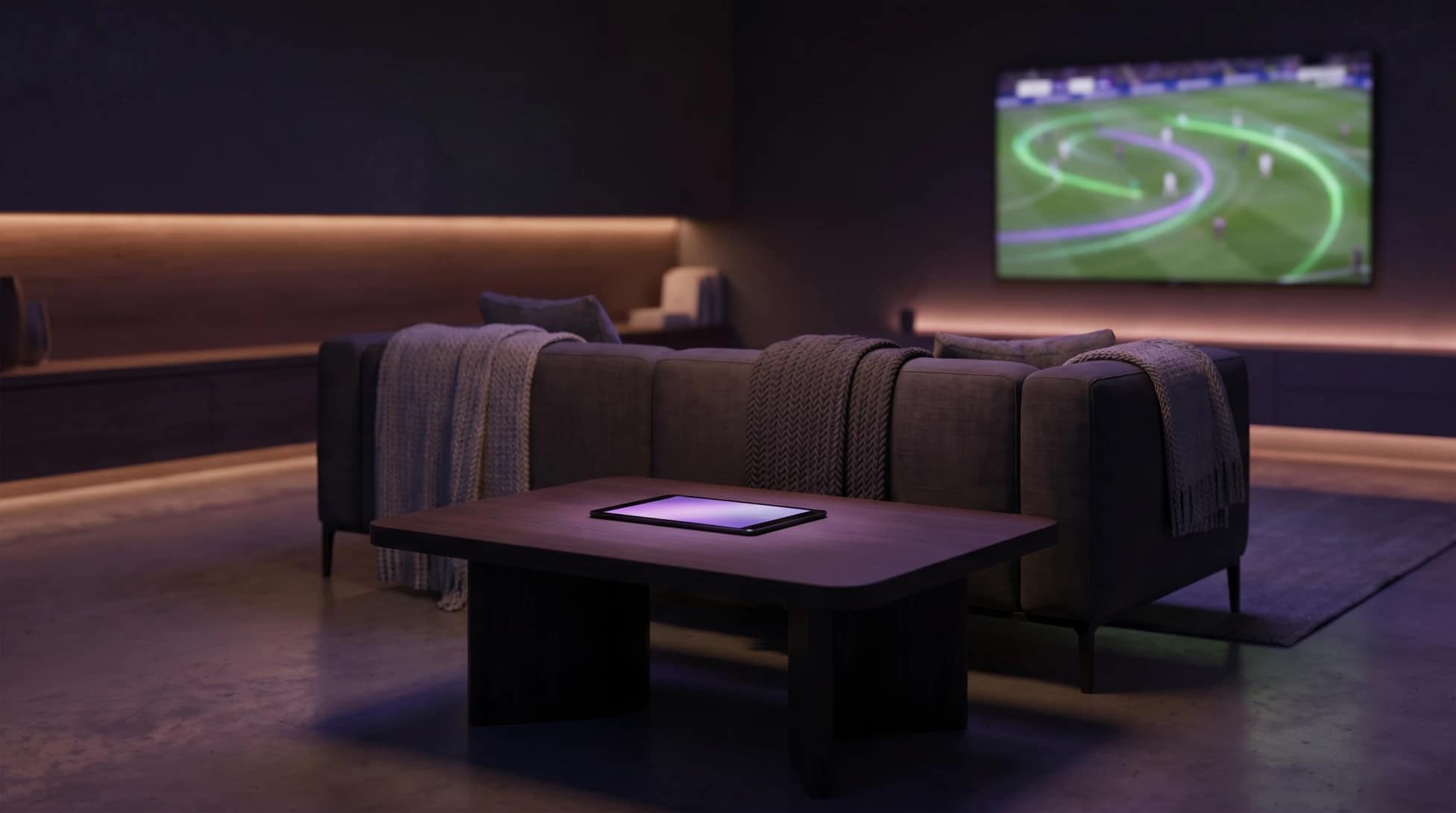 Simple 10-Minute VPN Setup A relaxing living room setup with a smart TV and a smartphone glowing purple, showing the easy setup for World Cup VPN streaming.