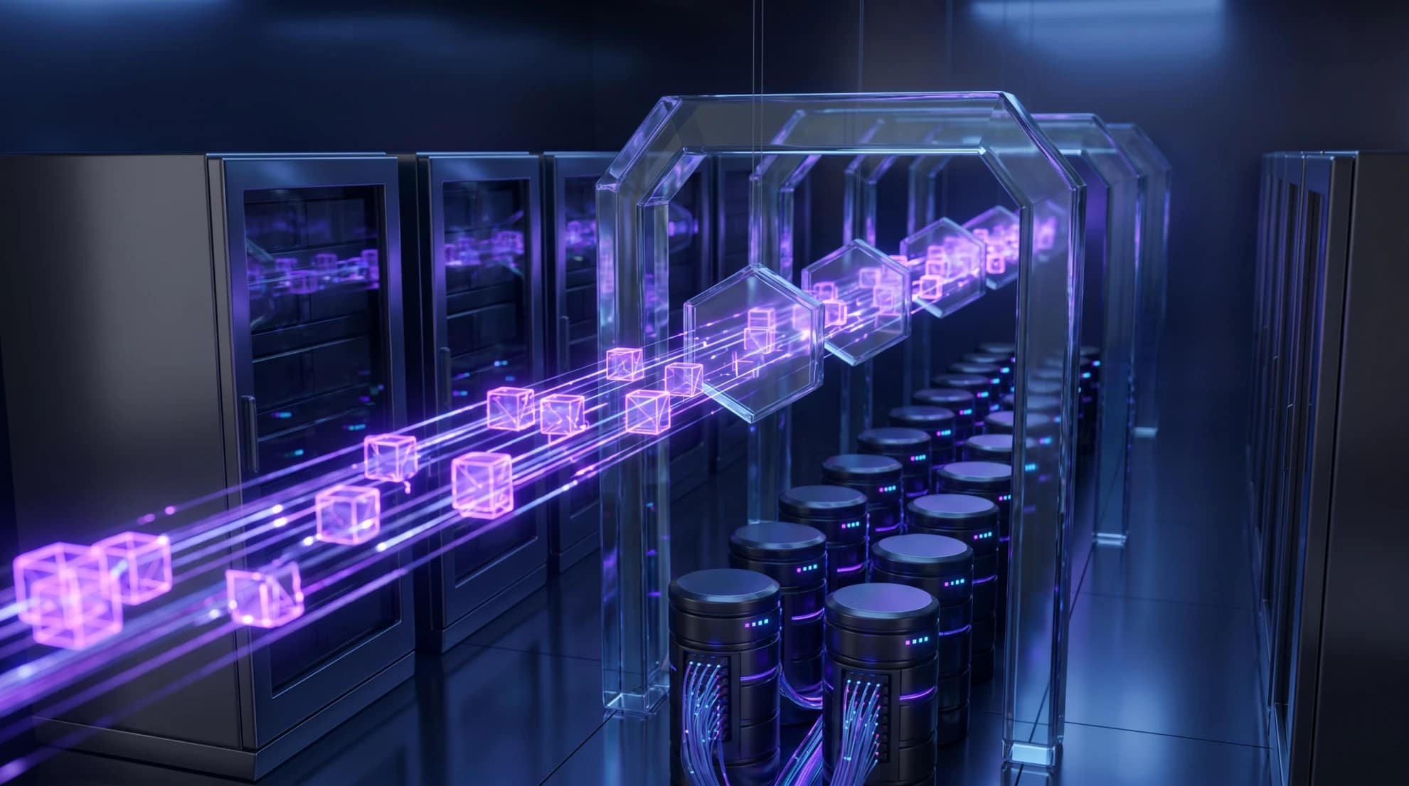 Proton Easy Switch for Business DNS Protocols Conceptual 3D illustration of a secure digital data stream passing through technical checkpoints, representing the DNS protocols required for Proton Easy Switch for Business.