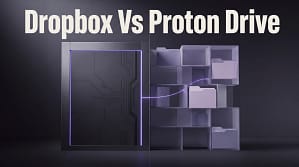 Dropbox vs Proton Drive 2026 comparison, split vault and network illustration