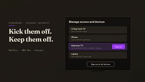 Kick someone off Netflix and HBO Max: a television showing a list of signed-in devices with an unknown TV in another country highlighted next to a Sign out button