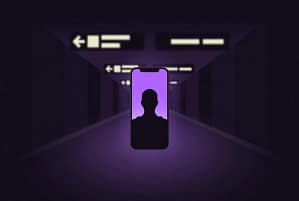Illustration of a smartphone glowing purple in a dark airport corridor, representing the GrapheneOS duress password border search case