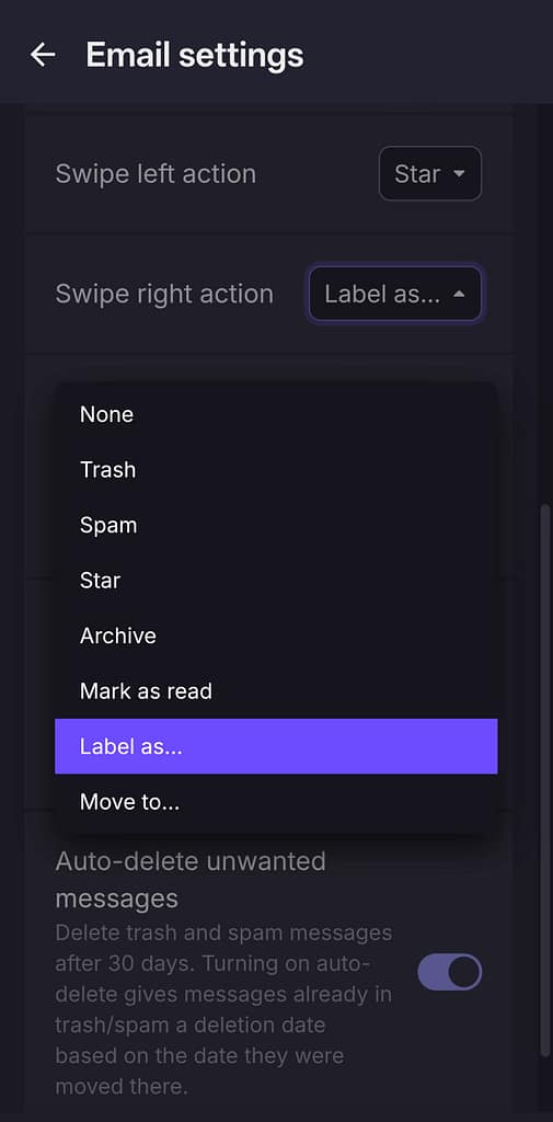 Proton Mail Android 2026 Review: From Ugly Stepchild to Speed Demon 2 screenshot of how to swipe to snooze on proton mail android app
