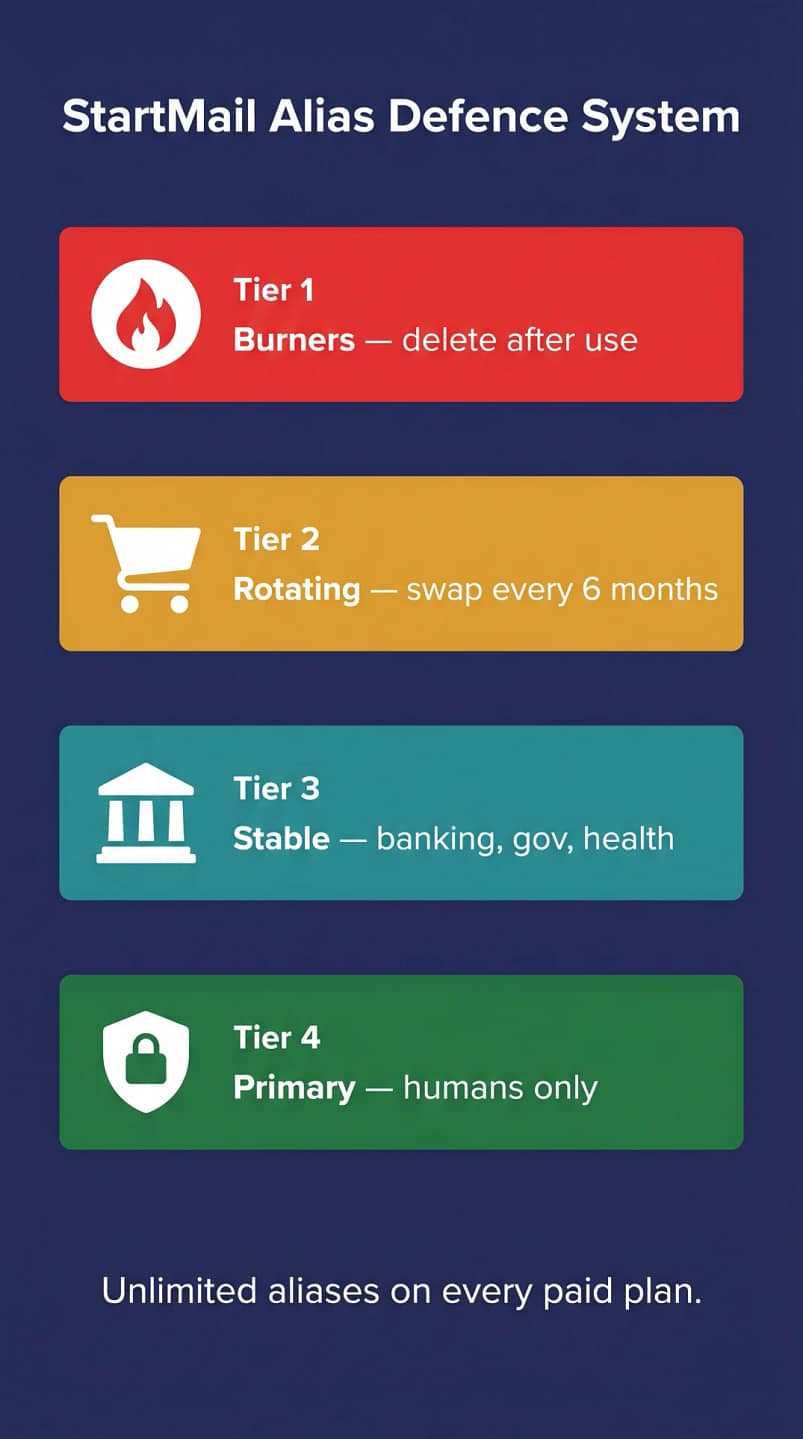 StartMail Review 2026: Private Email That Actually Fits Real Workflows 2 StartMail unlimited email aliases four-tier strategy infographic — burner, rotating, stable and primary identity tiers for paranoid productivity 2026