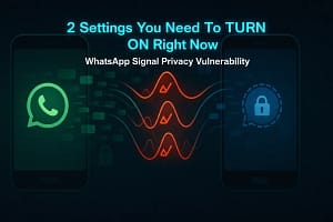 Abstract visualization showing WhatsApp and Signal messaging apps with delivery receipt vulnerability and timing attack patterns highlighted in red against encrypted data flow