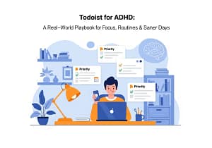Illustration of an ADHD-friendly Todoist setup: a calm workspace with a laptop, phone and simple colour-coded Todoist task cards and calendar reminders, helping an ADHD user focus and plan their day.