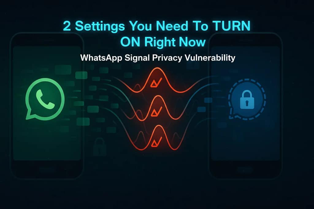 Abstract visualization showing WhatsApp and Signal messaging apps with delivery receipt vulnerability and timing attack patterns highlighted in red against encrypted data flow